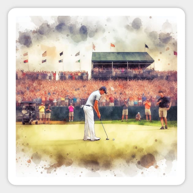 Artistic illustration of golfer putting on the 18th green Magnet by WelshDesigns